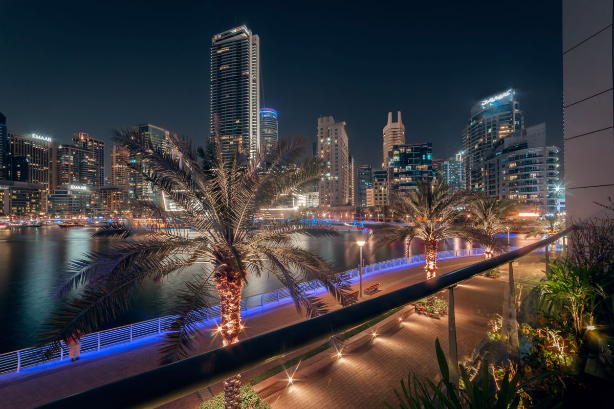 The Marina skyline at full glow from the water