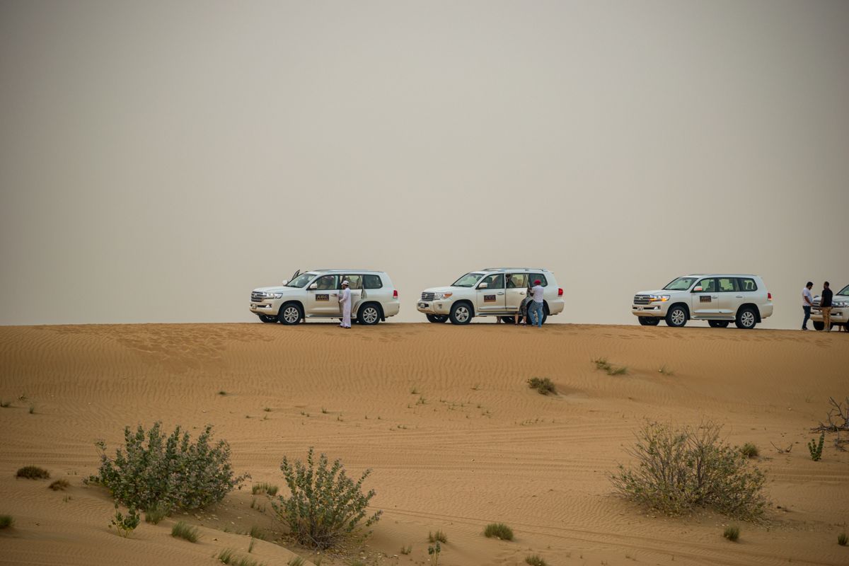 A 4×4 cresting a dune against the low sun