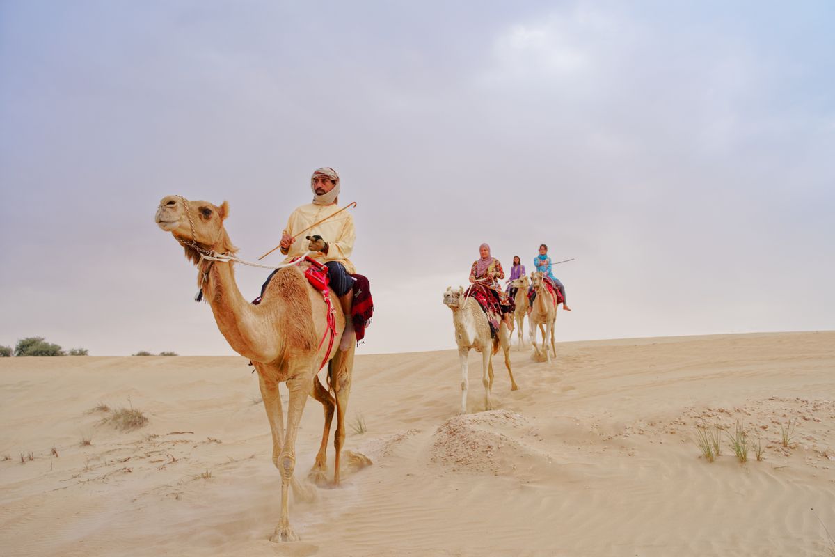 Guests on a camel ride across the Dubai sands