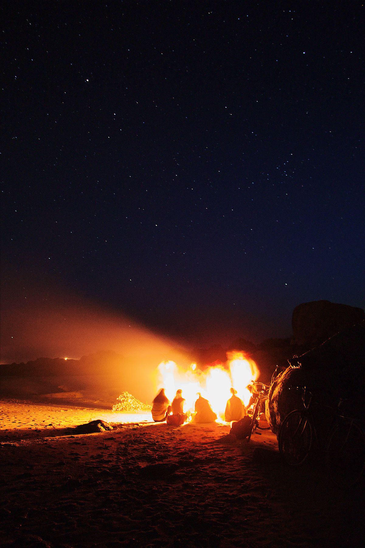 The group around the campfire under a starry sky