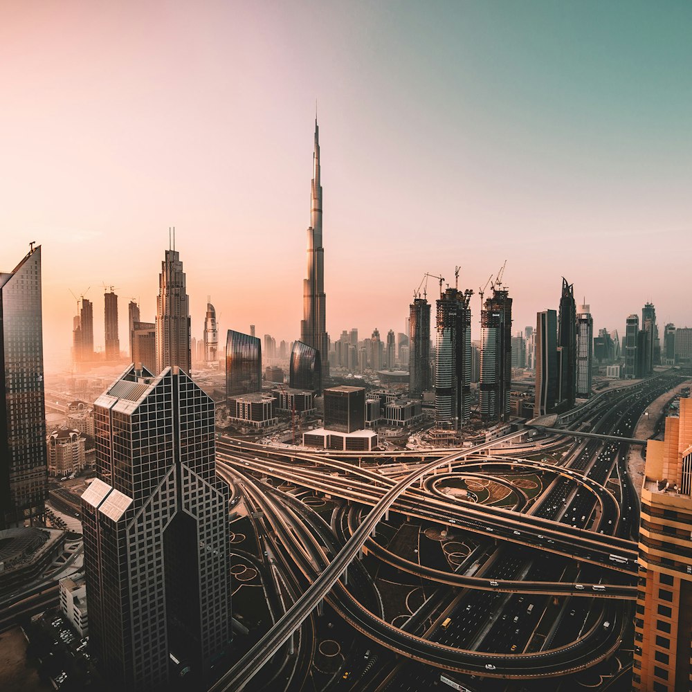 The Dubai skyline glowing at sunset