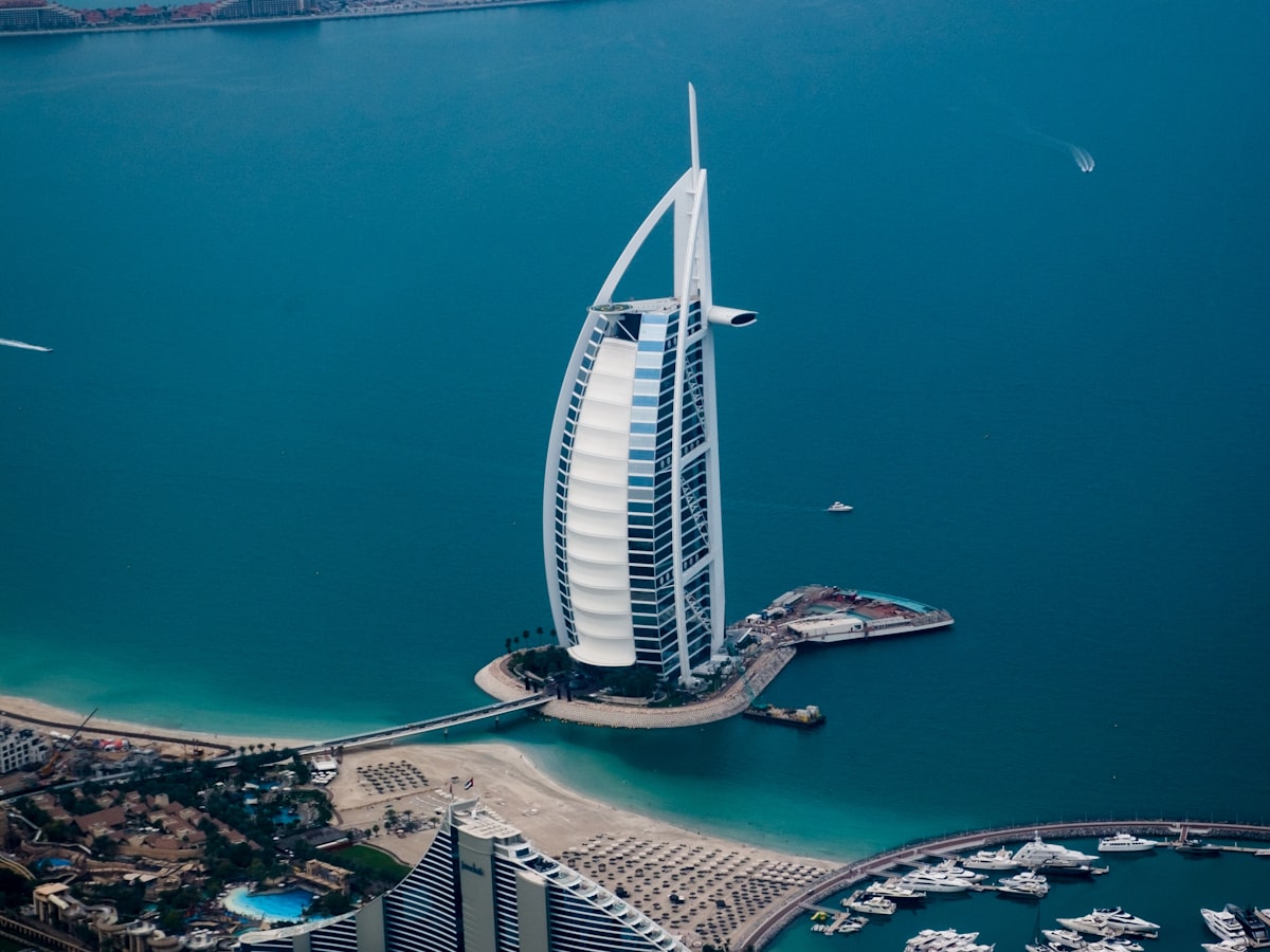 Aerial view of the Burj Al Arab and the Dubai coastline