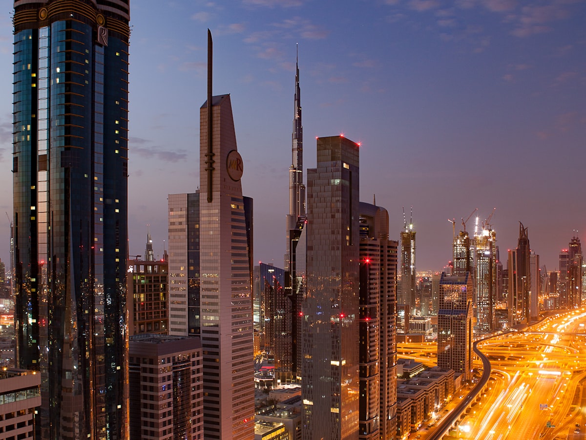 Dubai Marina towers lit up at night